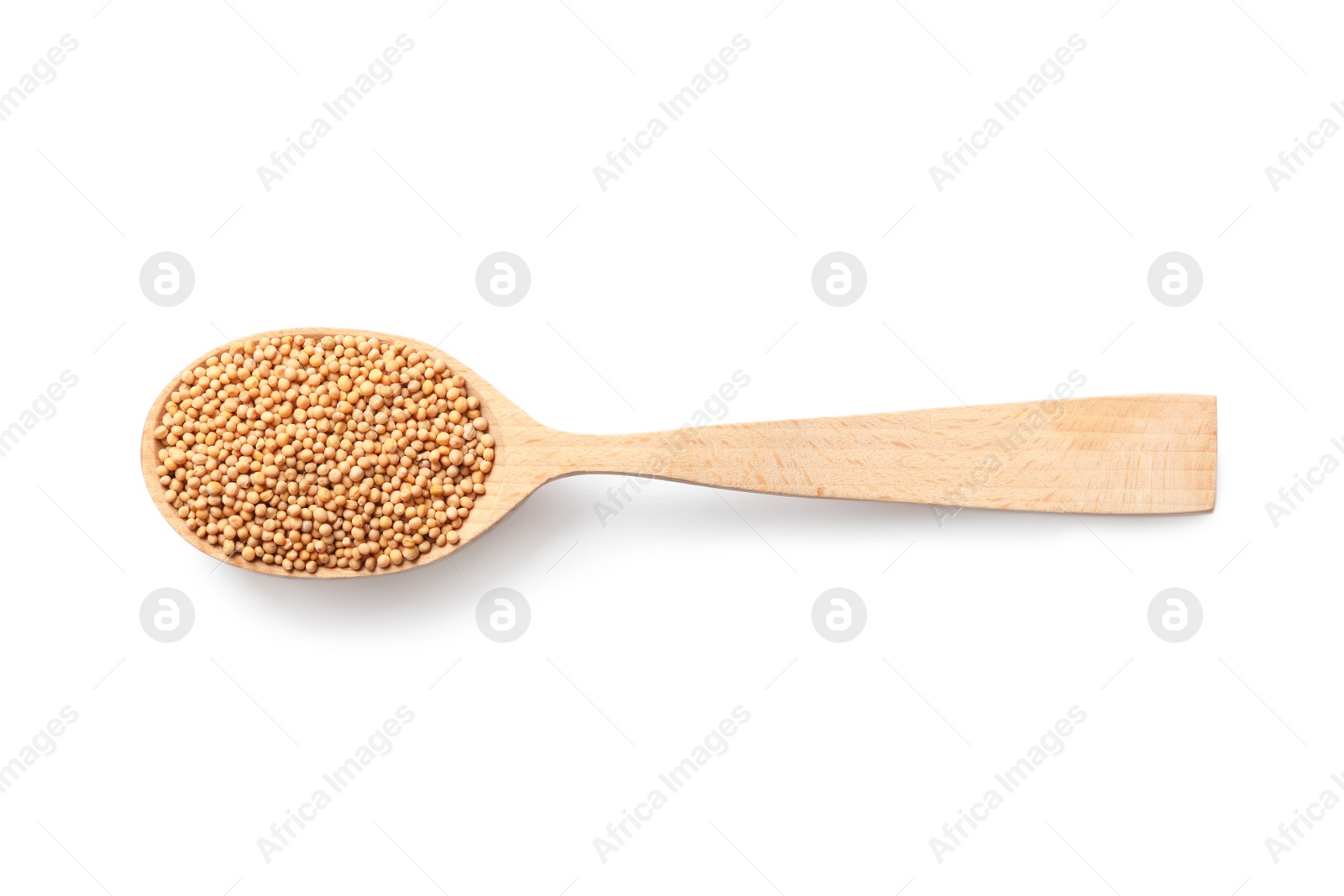 Photo of Spoon with mustard seeds on white background, top view