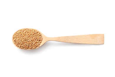 Spoon with mustard seeds on white background, top view