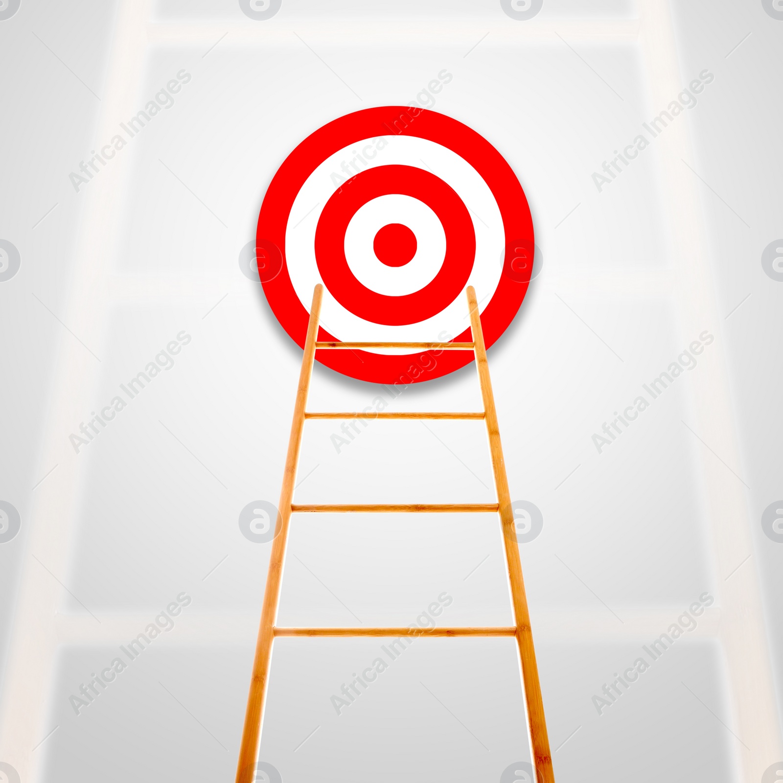 Image of Target and achievement concept. Wooden ladder leading to bullseye on light grey background