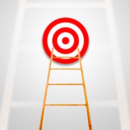 Image of Target and achievement concept. Wooden ladder leading to bullseye on light grey background
