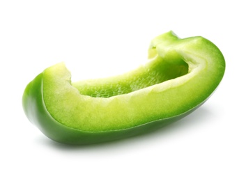 Slice of fresh green bell pepper on white background