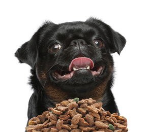 Image of Cute black Petit Brabancon dog and feeding bowl on white background