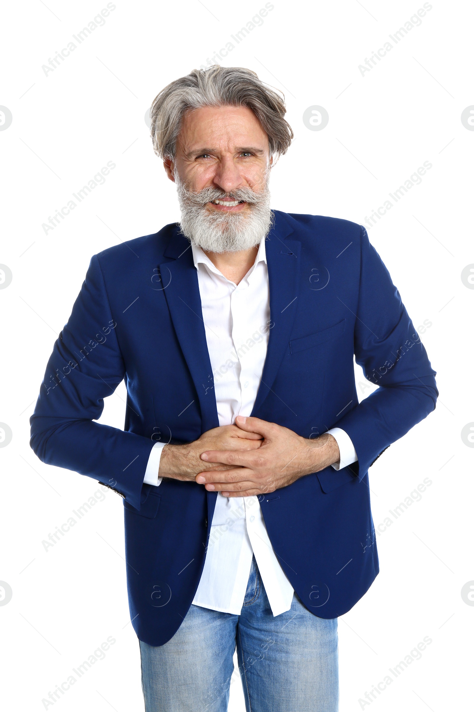 Photo of Man suffering from stomach pain on white background