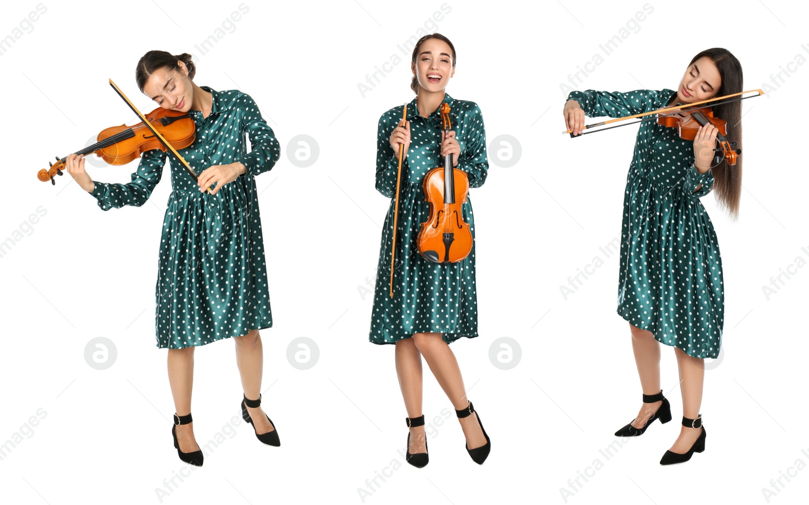 Image of Collage with photos of beautiful woman playing violin on white background