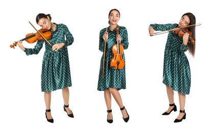 Collage with photos of beautiful woman playing violin on white background