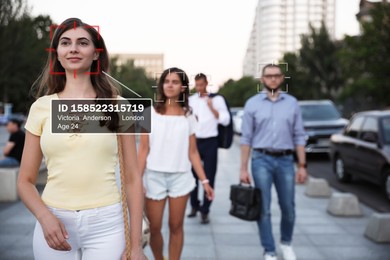 Image of Facial recognition system identifying people on city street. Woman and her personal data