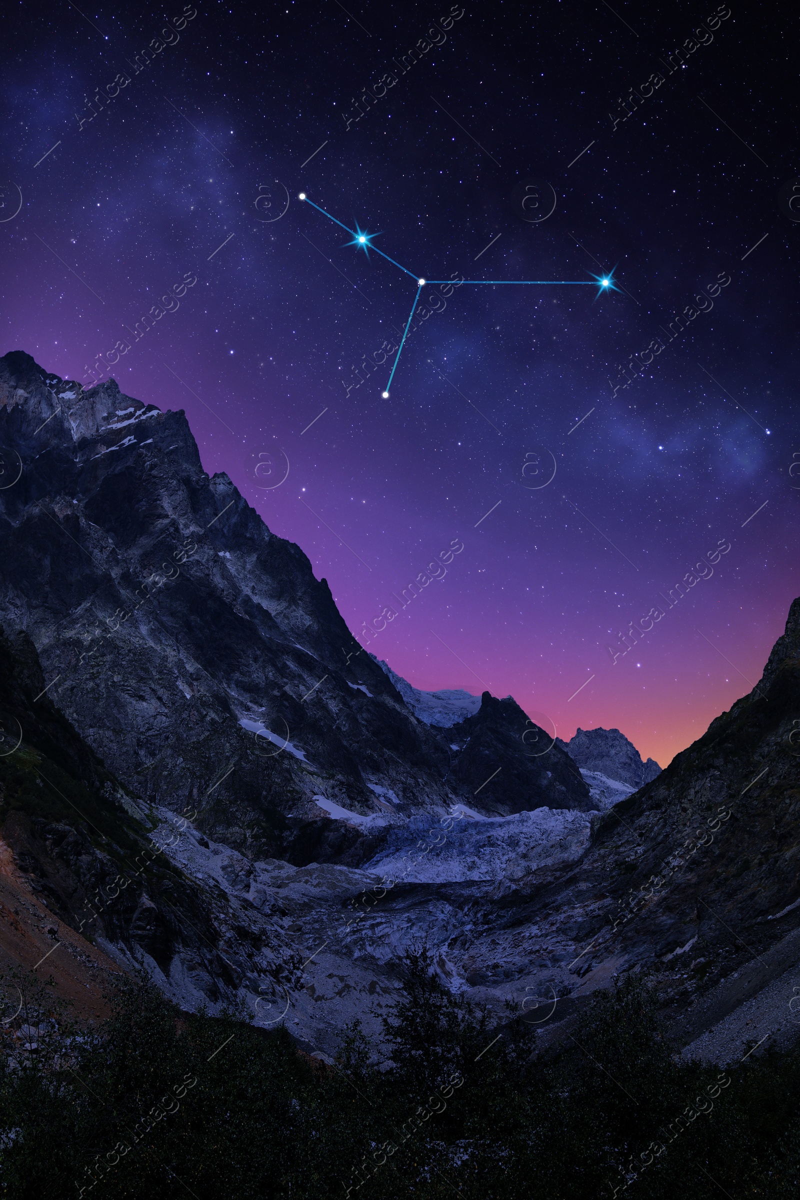 Image of Cancer constellation in starry sky over mountains at night