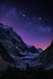 Image of Cancer constellation in starry sky over mountains at night