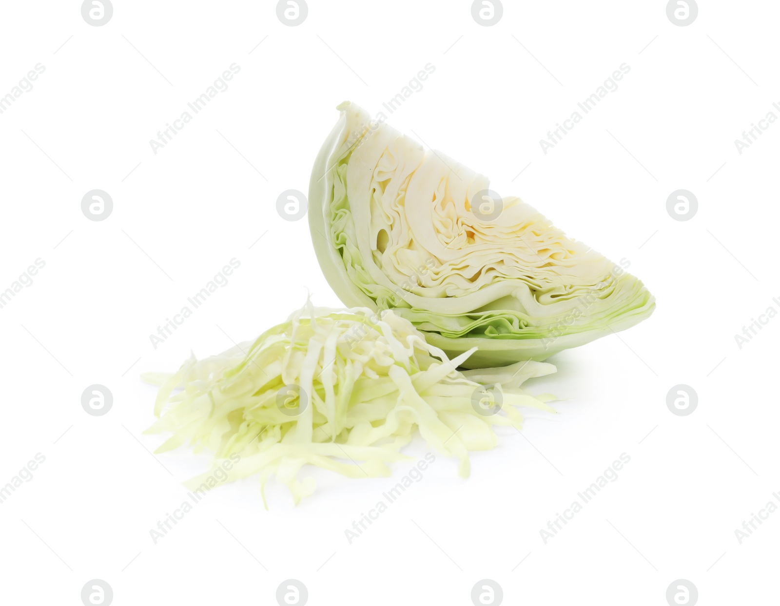 Photo of Cut fresh ripe cabbage on white background