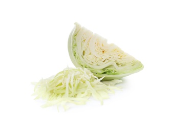 Photo of Cut fresh ripe cabbage on white background