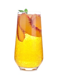 Delicious peach lemonade made with soda water isolated on white