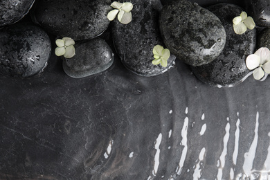 Stones and flowers in water on dark background, flat lay with space for text. Zen lifestyle