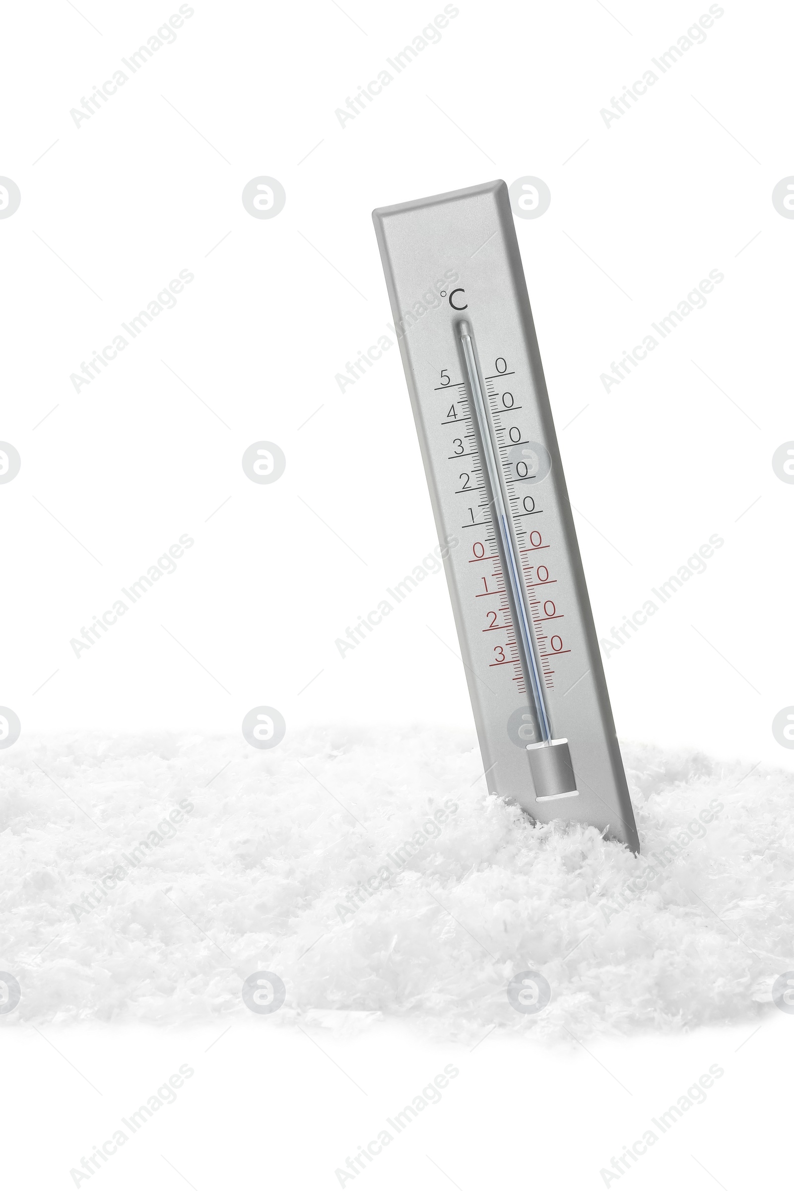 Photo of Weather thermometer in snow against white background