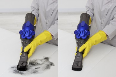 Image of Woman in gloves disinfecting mattress with vacuum cleaner indoors, closeup. Collage with photos before and after cleaning