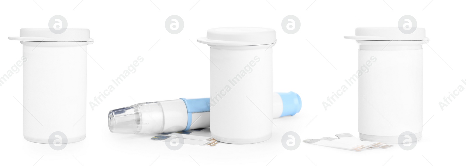 Image of Set with lancet pen, jars and test strips on white background, banner design. Diabetes control