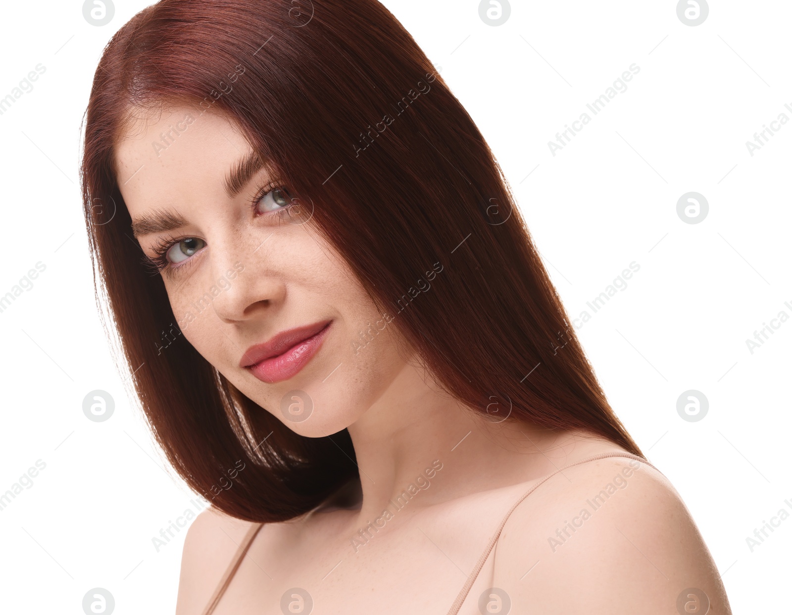 Photo of Portrait of beautiful woman on white background