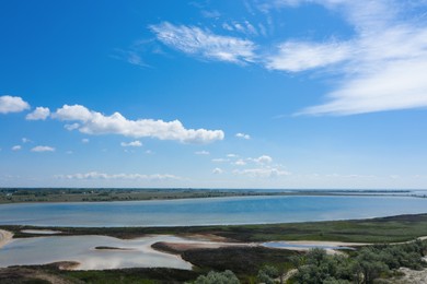 Beautiful aerial view of shoreline landscape on sunny day