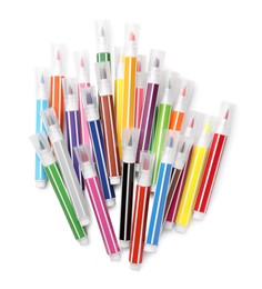 Photo of Many bright markers isolated on white, top view
