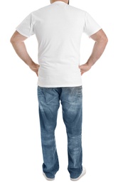 Overweight man isolated on white, closeup. Weight loss