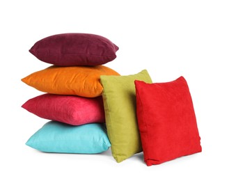 Photo of Different colorful decorative pillows on white background