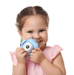 Little photographer with toy camera on white background