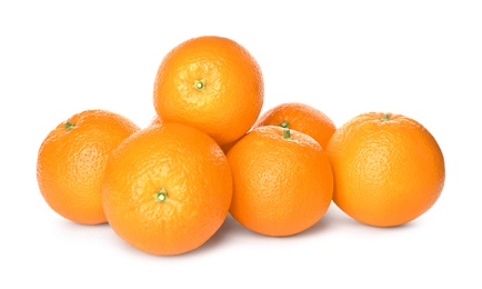 Delicious fresh ripe oranges on white background