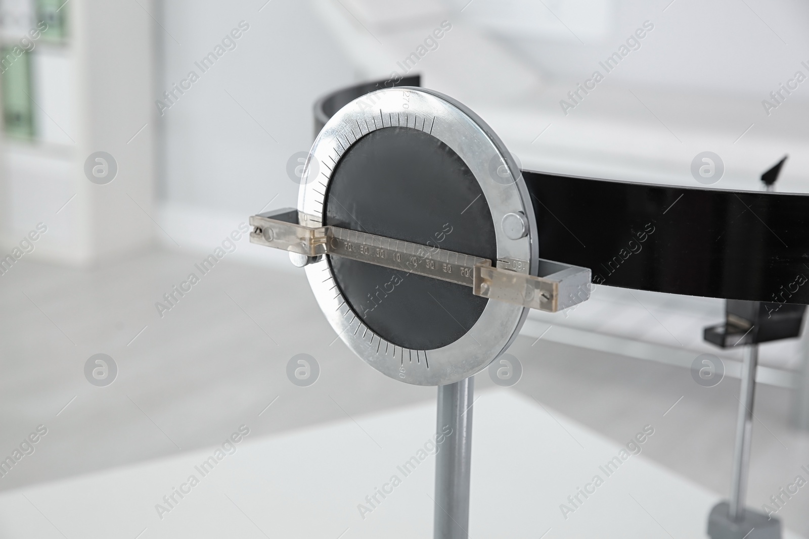 Photo of Closeup view of campimeter in clinic. Ophthalmic equipment