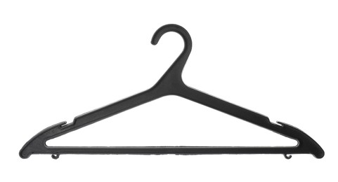 Empty plastic hanger isolated on white. Wardrobe accessory