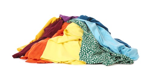 Photo of Pile of dirty clothes on white background