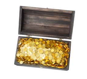 Open treasure chest with gold coins isolated on white, top view