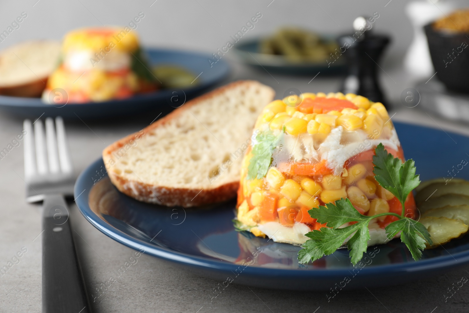 Photo of Delicious fish aspic served on grey table, closeup