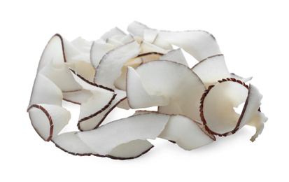Photo of Pile of fresh coconut flakes isolated on white