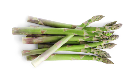 Photo of Fresh raw asparagus isolated on white, top view. Healthy eating
