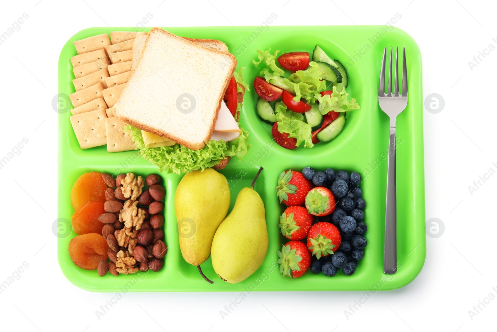 Photo of Green tray with tasty food on white background, top view. School lunch