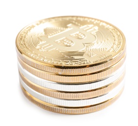 Stack of bitcoins isolated on white. Digital currency