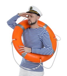 Sailor with orange ring buoy on white background