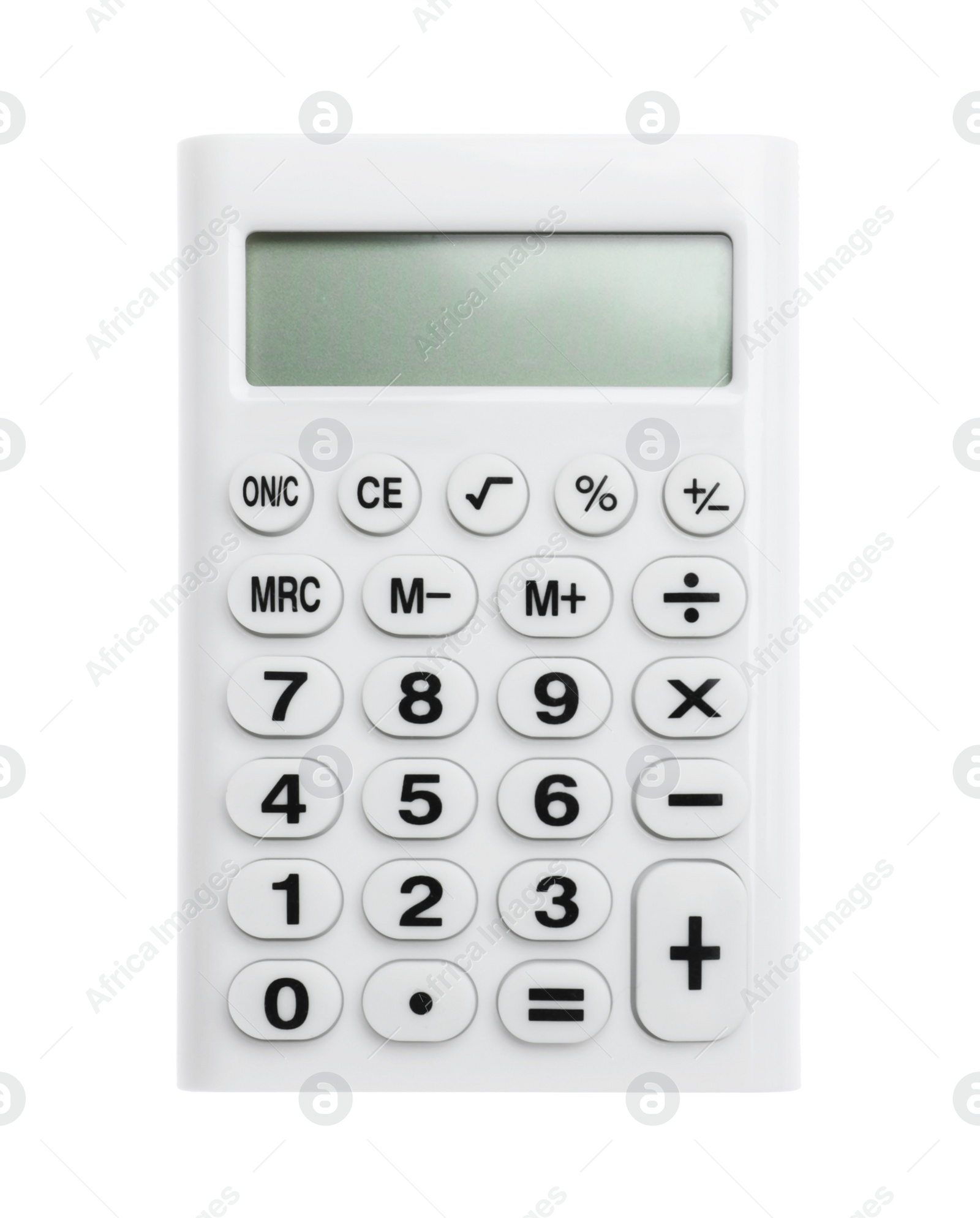 Photo of Modern calculator isolated on white, top view. School stationery