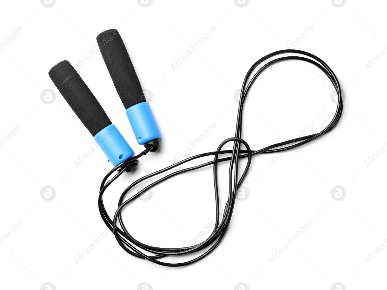 Photo of Jump rope on white background, top view