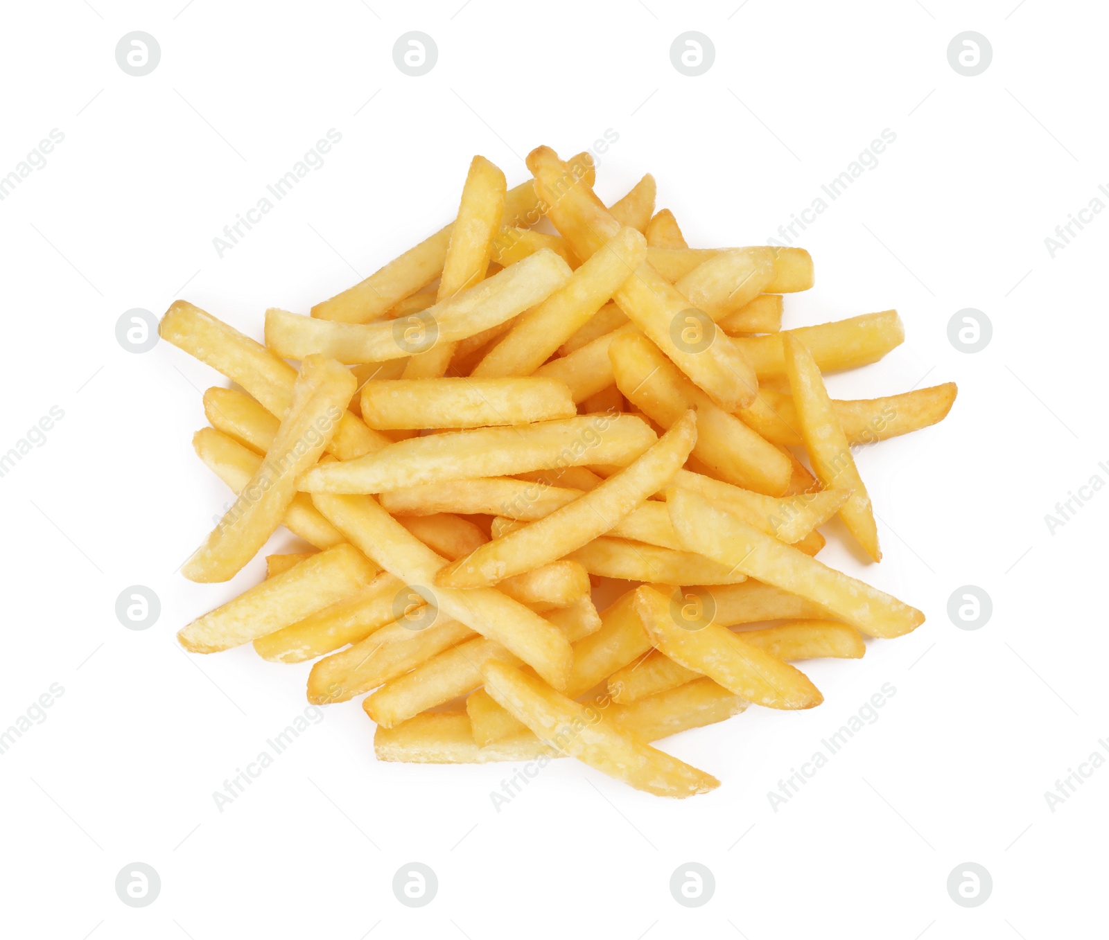 Photo of Delicious fresh french fries on white background, top view