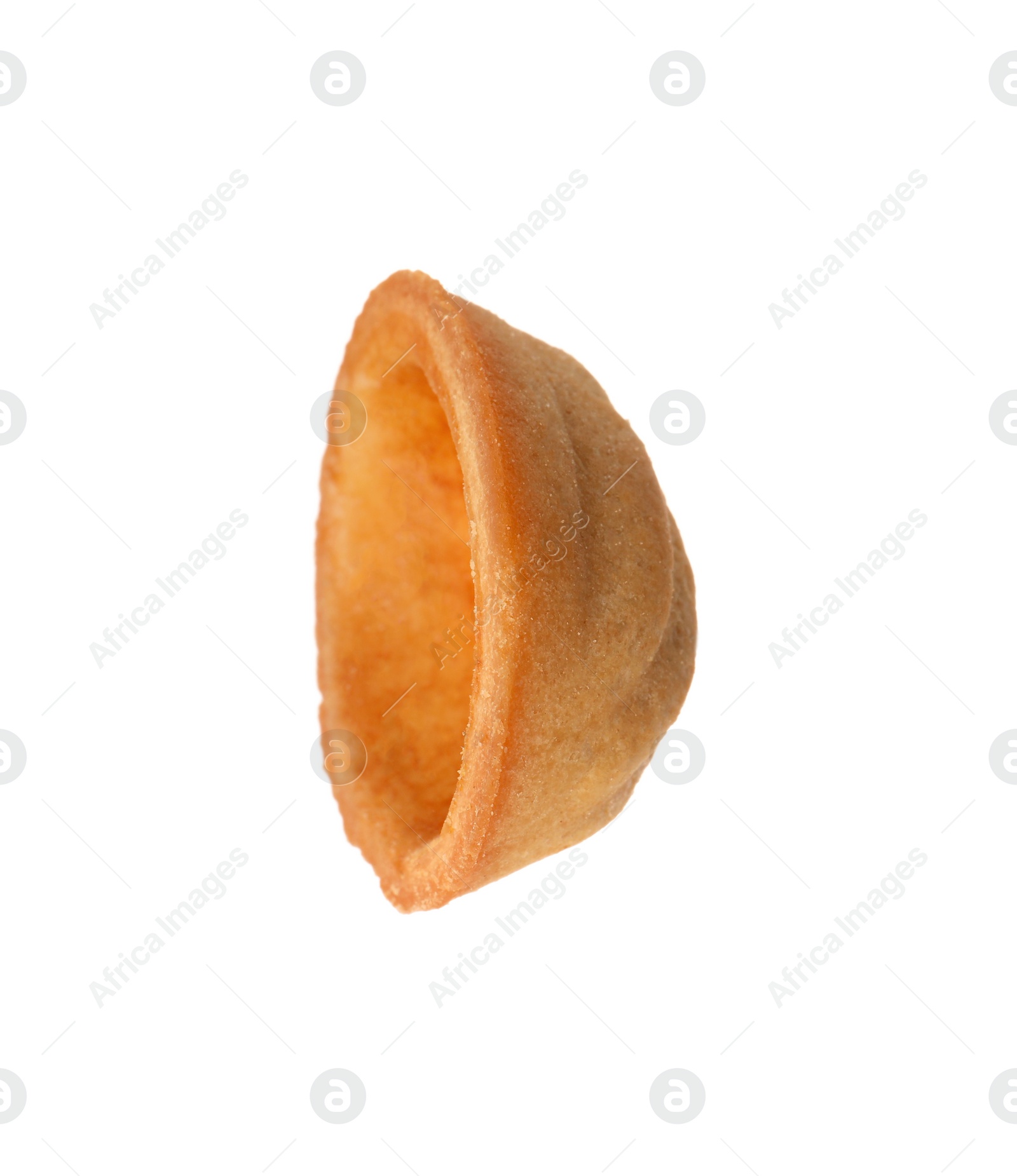 Photo of Half of delicious nut shaped cookie isolated on white