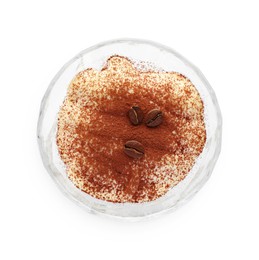 Photo of Delicious tiramisu with coffee beans in glass isolated on white, top view