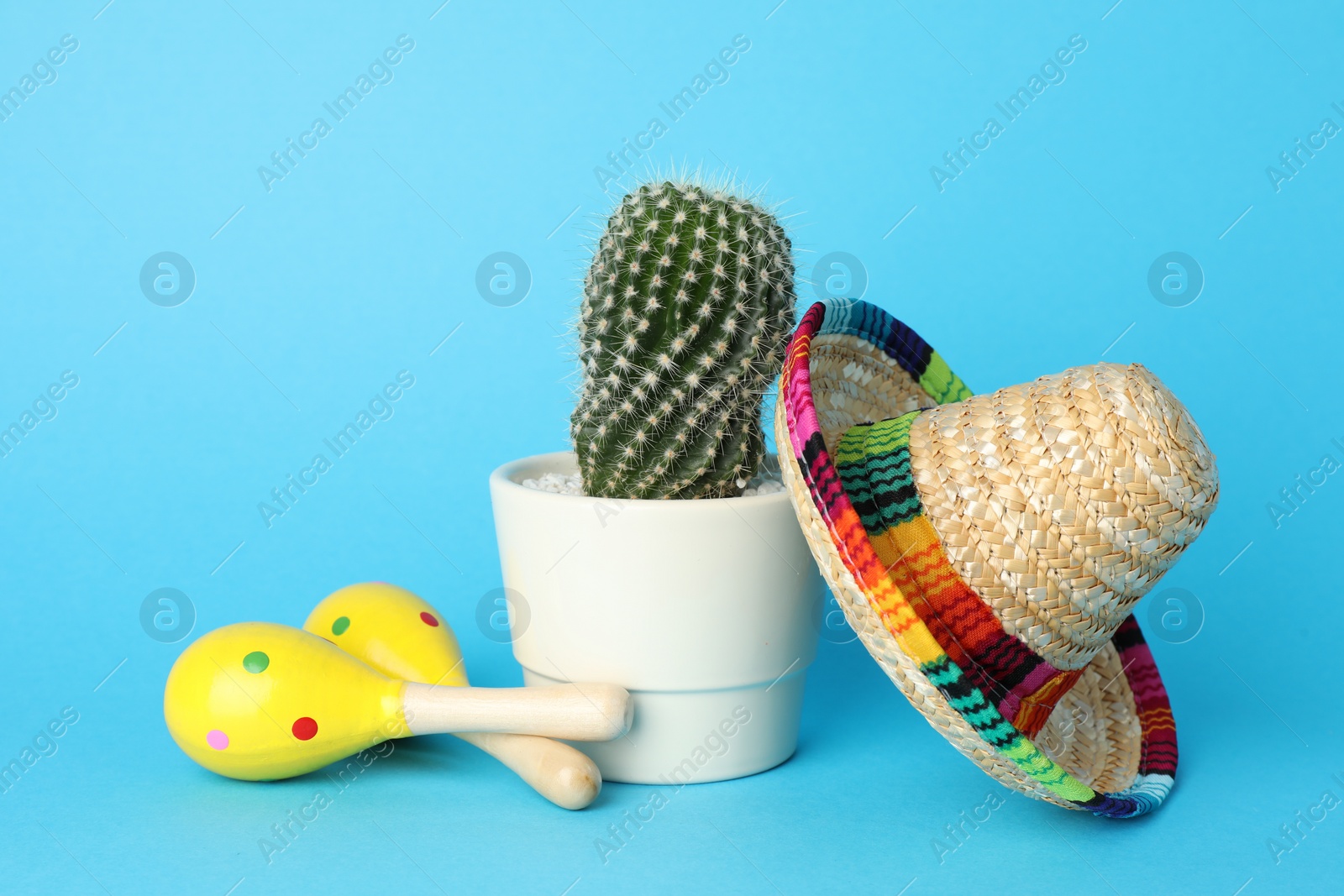 Photo of Mexican sombrero hat, cactus and maracas on light blue background