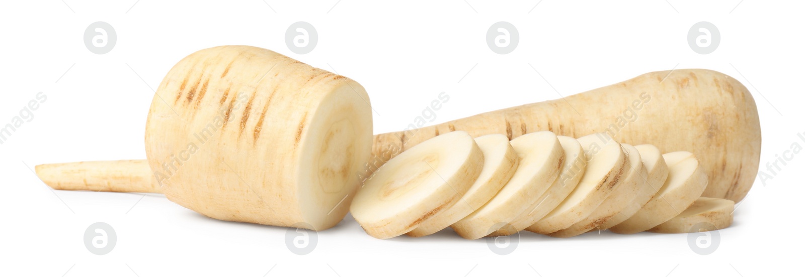 Photo of Tasty fresh ripe parsnips on white background