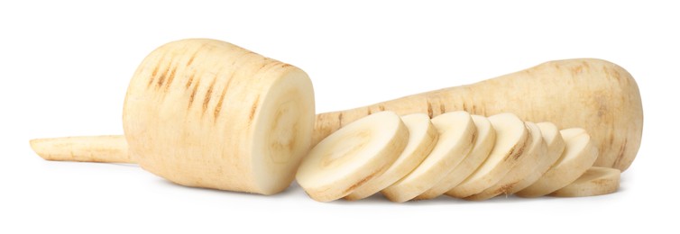 Photo of Tasty fresh ripe parsnips on white background