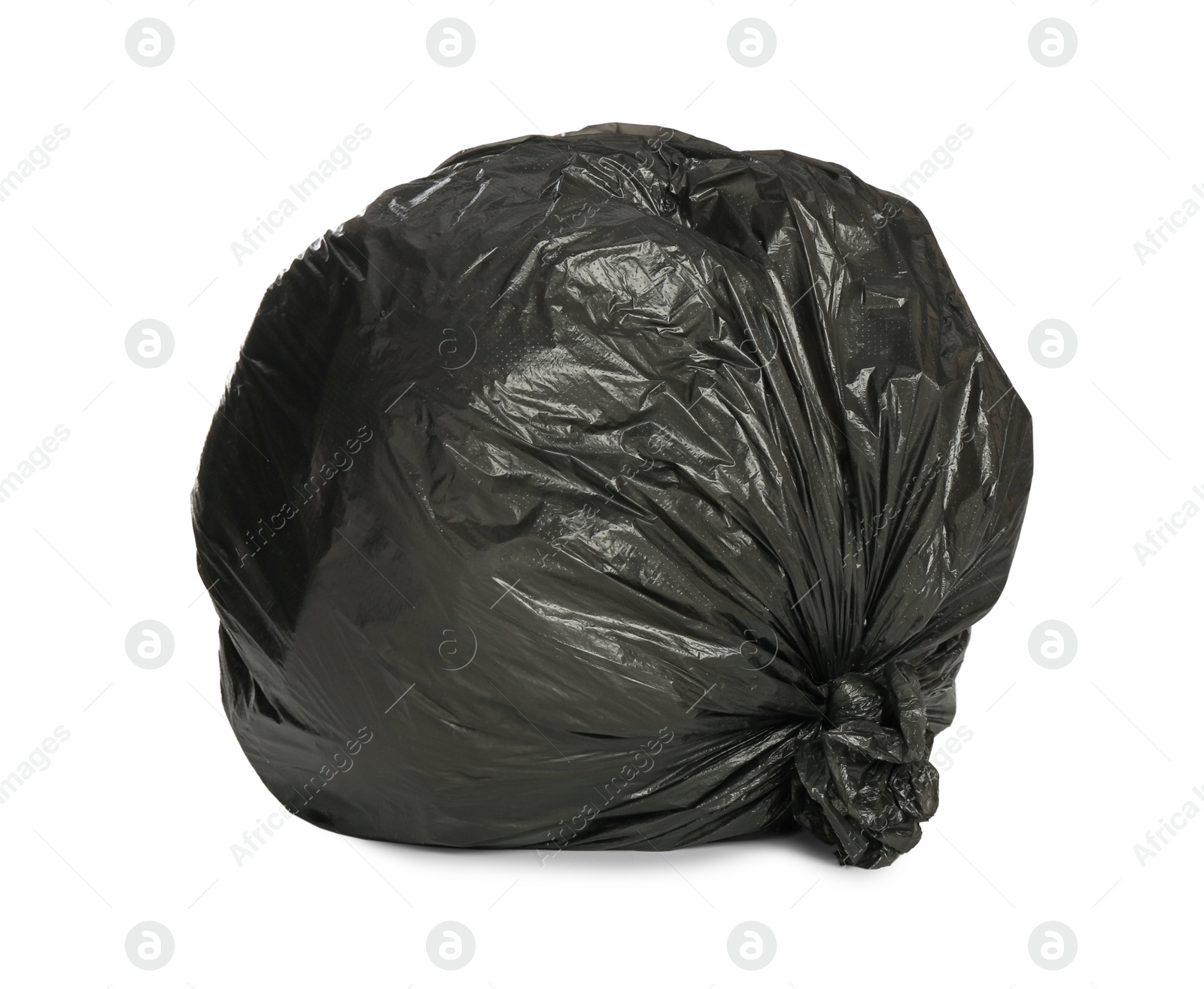 Photo of Black trash bag filled with garbage isolated on white