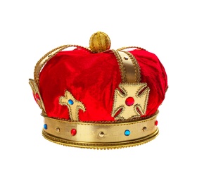 Photo of Beautiful velvet crown on white background. Fantasy item