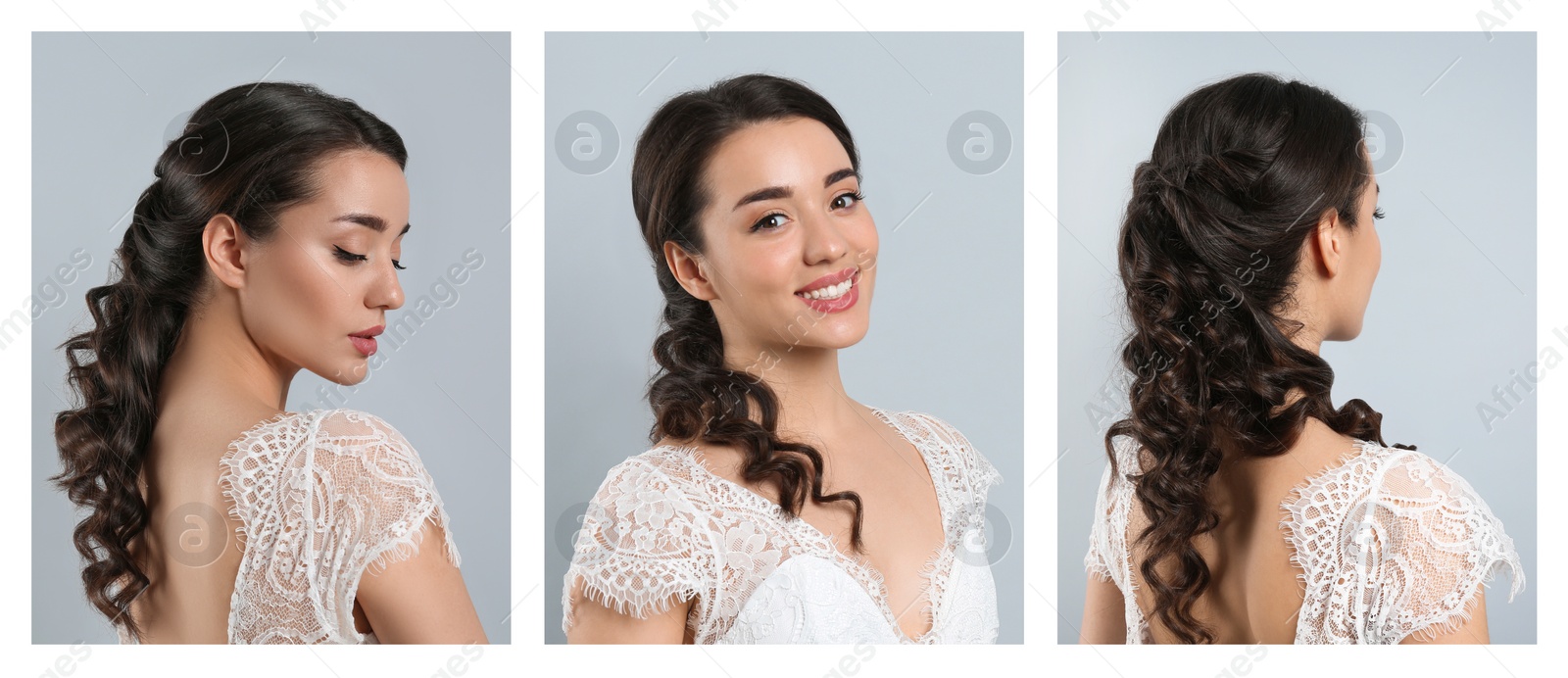 Image of Woman with beautiful hairstyling on light grey background, collage design