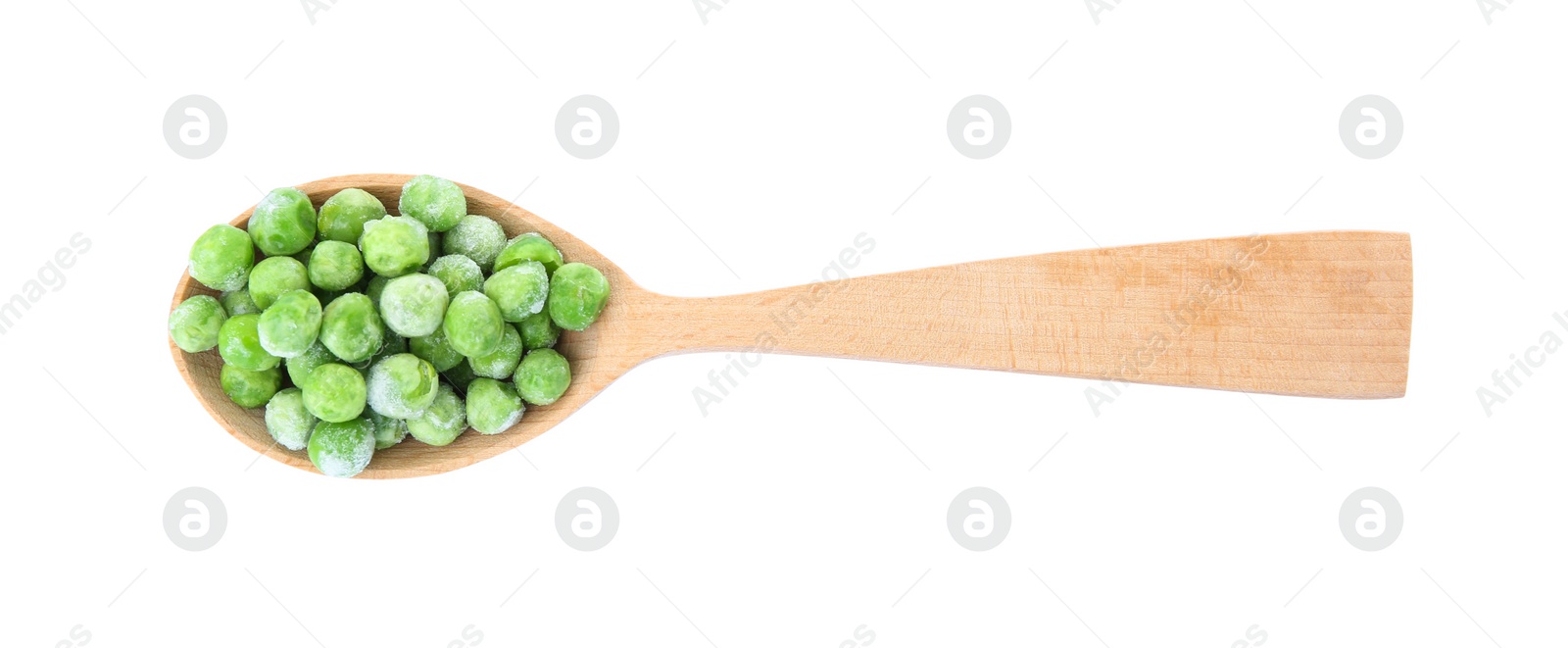 Photo of Spoon with frozen peas on white background. Vegetable preservation