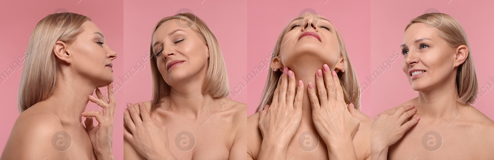 Image of Woman with healthy skin on pink background, set of photos