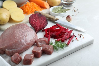 Fresh ingredients for borscht on light grey table, closeup